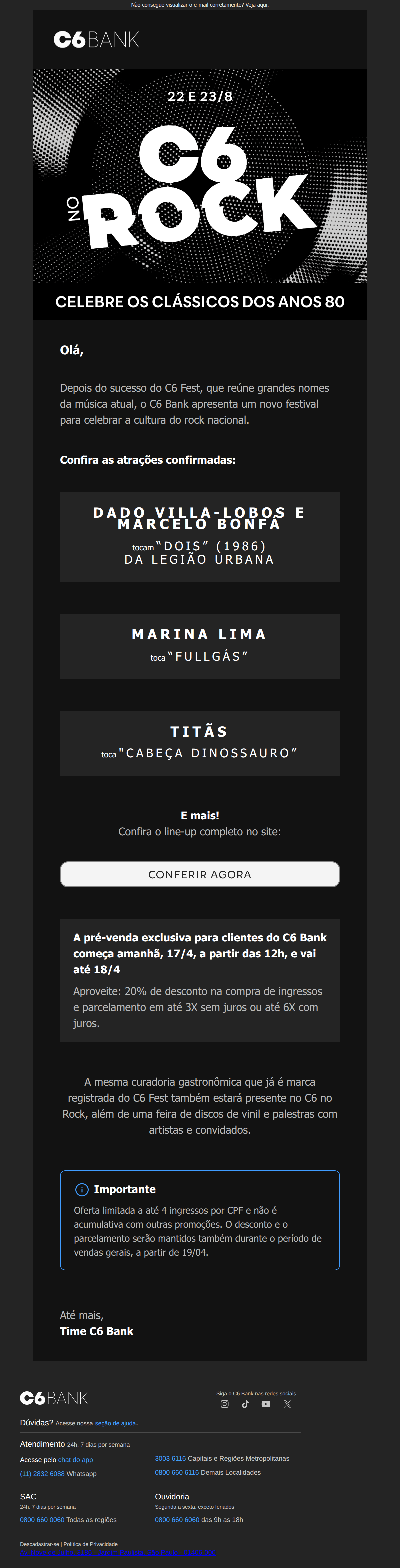 C6 bank - C6 no Rock: Legião Urbana, Titãs e mais!