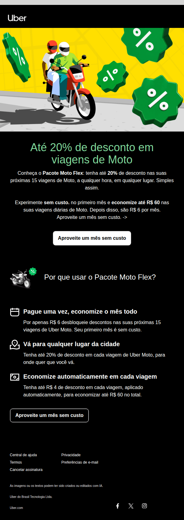 Uber - Economize até R$ 60 em viagens de Moto