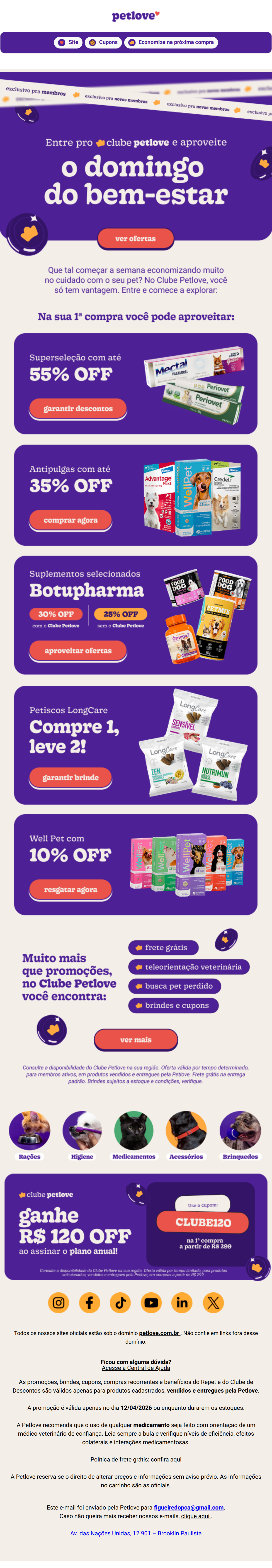 Petlove - Até 55% OFF no Domingo do Bem-Estar! 💜