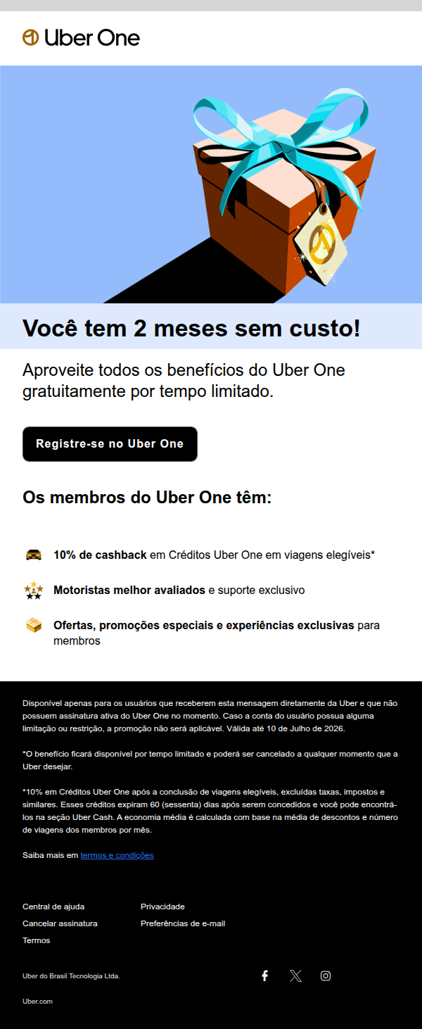 Uber - 2 meses sem custo ao abrir este e-mail!