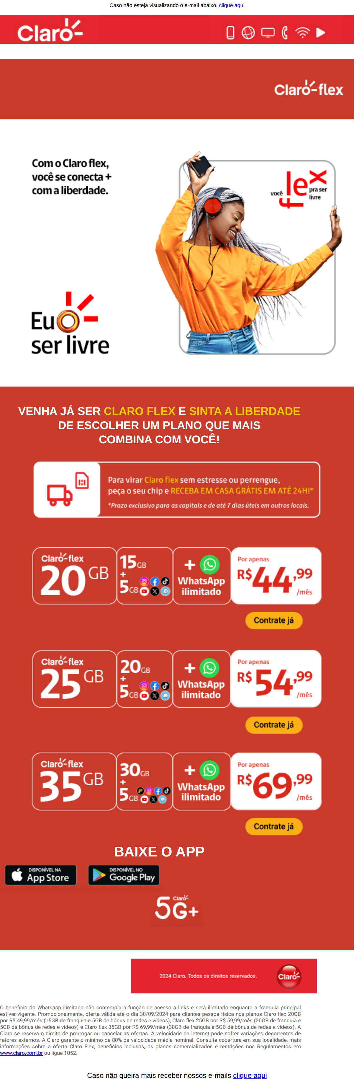 Claro - Venha já para o Claro flex! São 20GB por R$44,99 + Whatsapp